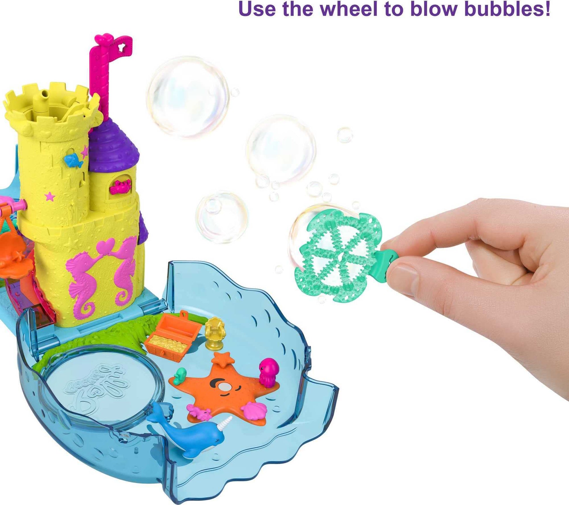 Polly Pocket Aquarium with Underwater Theme, 2 Bubble-Making Features, Pool, Micro Polly & Mermaid Doll, Bubble Solution & 18 Accessories, Pop & Swap
