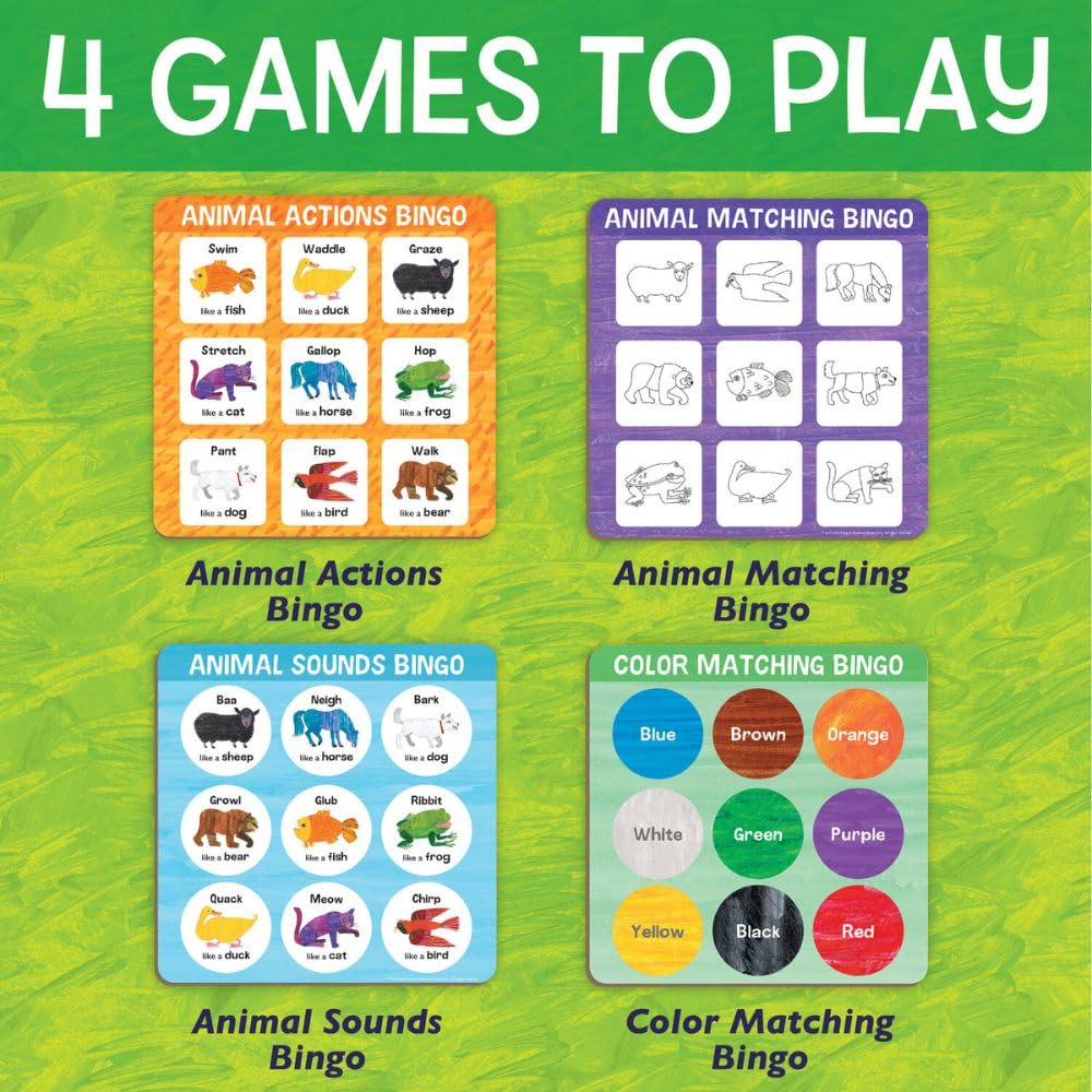 World of Eric Carle: Animal Bingo Game - Wooden Toddler Bingo Set Featuring Brown Bear - Learn Animal Sounds, Movements, Colors & Matching - Preschool