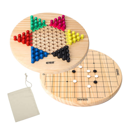 GSE Games & Sports Expert 11.5" Natural Wood 2-in-1 Chinese Checkers and Gobang Board Game Set with 66 Colorful Wooden Pegs and Stones, Classic