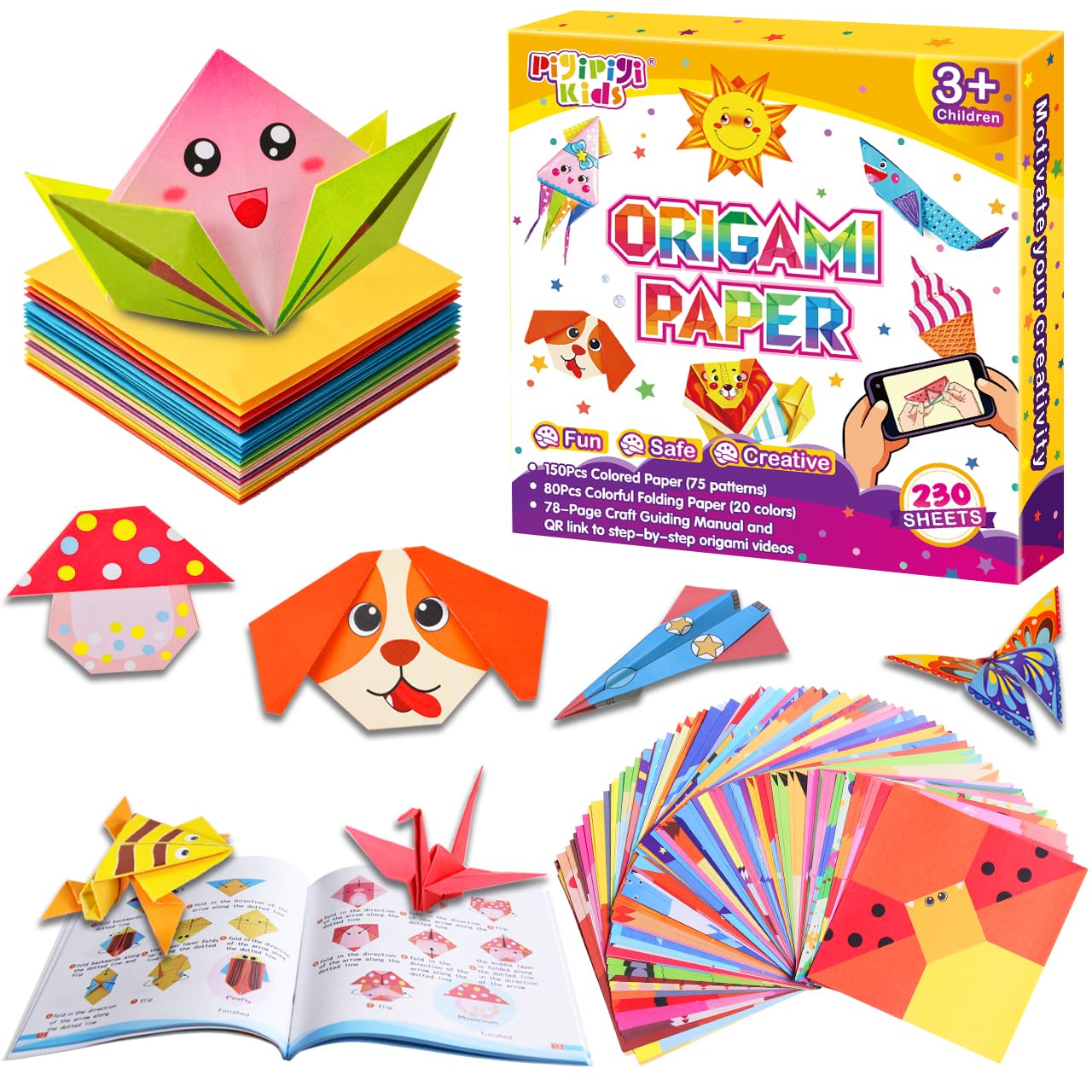 Pigipigi Kids Craft Origami Paper Kit for Kids Ages 5-8 8-12, with Guiding Book, 230 Sheets DIY Art and Crafts Supplies, Colorful Folding Papers Set