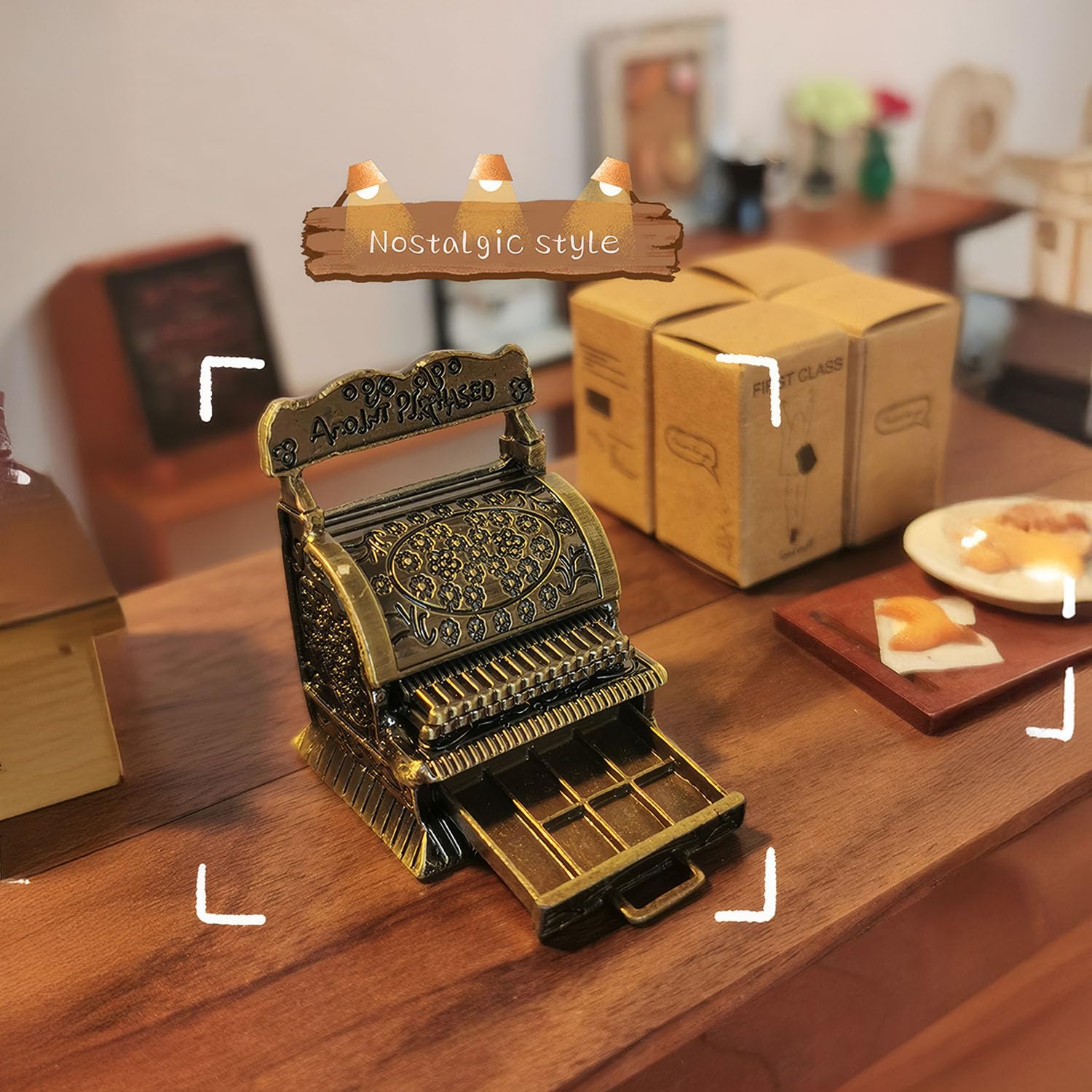 Vintage Style Gold Cash Register: 1:12 Dollhouse Miniature with Opening Drawer