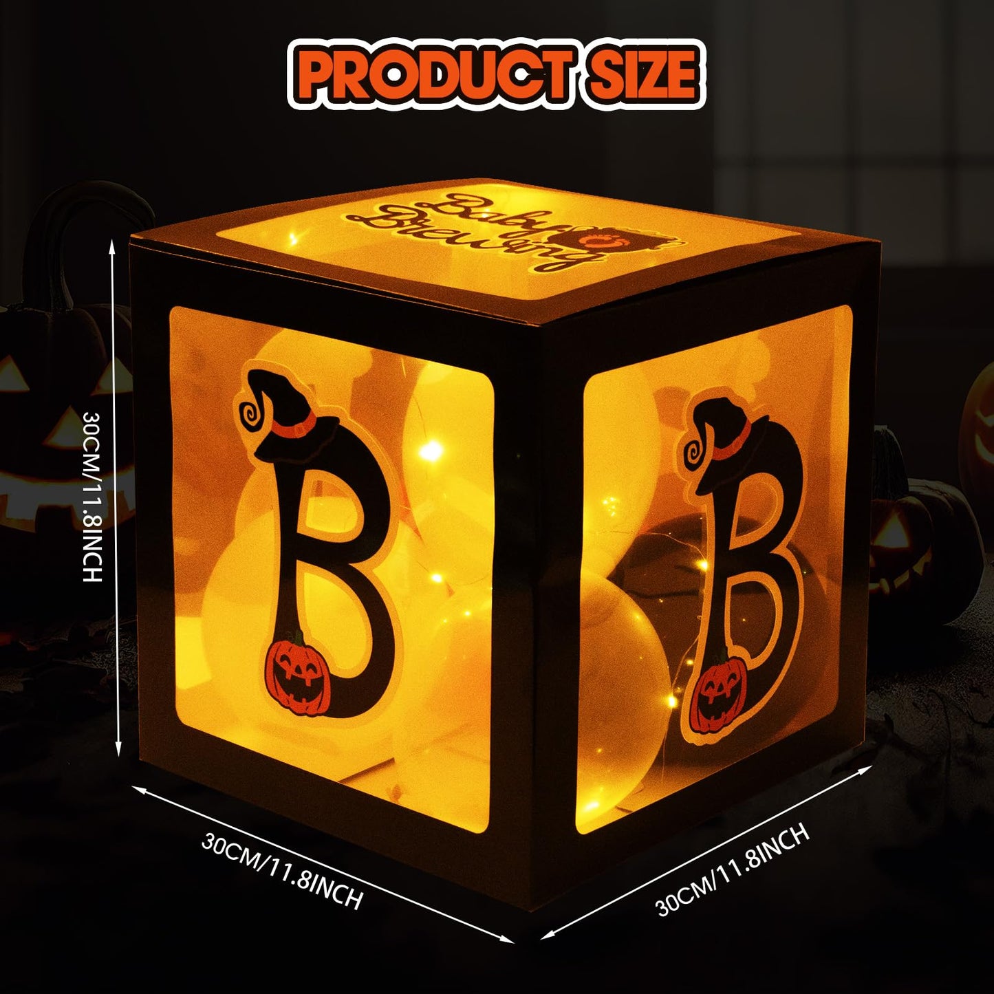 Baby First Halloween Decorations Balloons Boxes 4 Pcs Letter Blocks Transparent Box with 4 LED Light Strings - Baby Shower Party Supplies Decoration