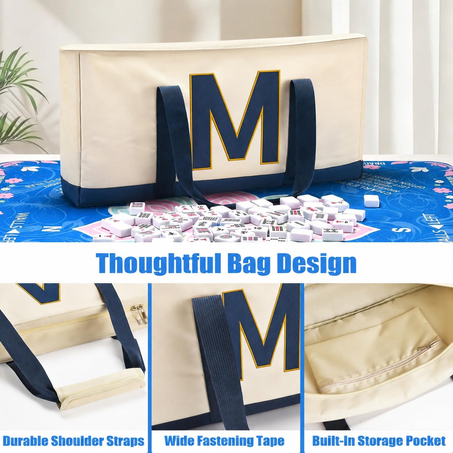 ADAH American Mahjong Set with 166 Tiles, 4 All-in-One Rack/Pushers, Premium Melamine Scratch-Resistant Tiles, Embroidered Blue Travel Case - Complete