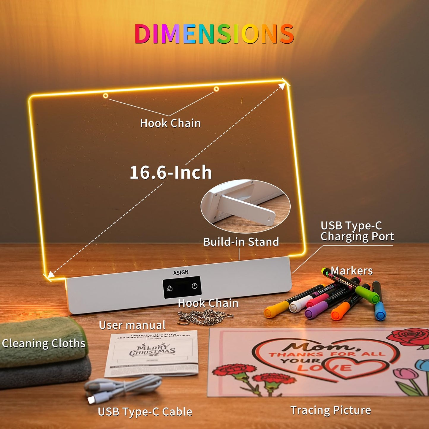 Rechargeable LED Drawing Board, 16.6 Inches Lumiboard, 8 Colors & 3 Modes, LED Note Board with Build in Stand, Includes 7 Markers & 1 Hanging Chain