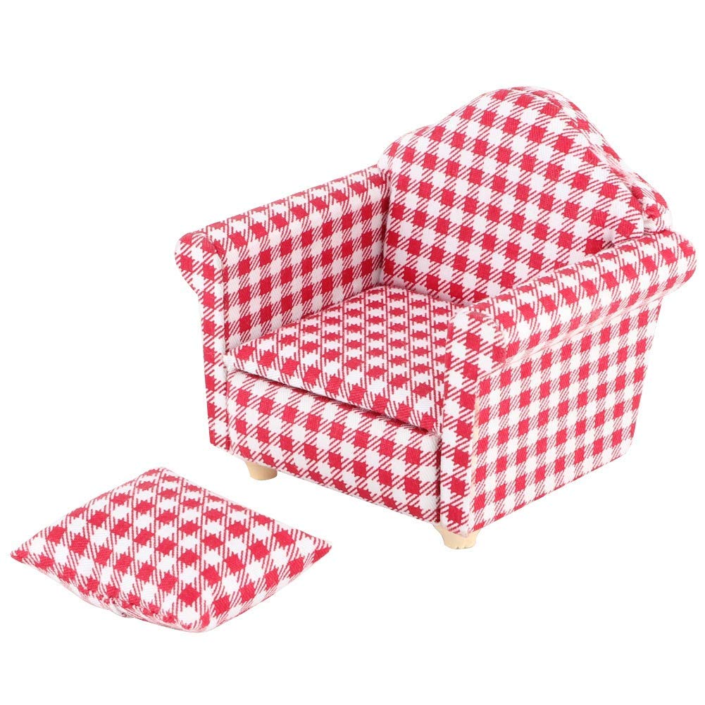 SXFSE Dollhouse Sofa Arm Chair, 1:12 Scale Wooden Dollhouse Miniature Funiture Decor Couch with Pillow