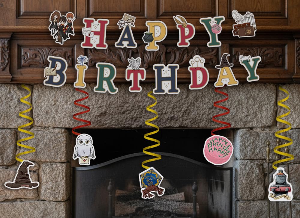 ConQuest Journals Harry Potter Birthday Party Garland & Hanging Decorations Set, Wizarding World HAPPY BIRTHDAY Banner (72"), 14 Hanging Decor Pieces