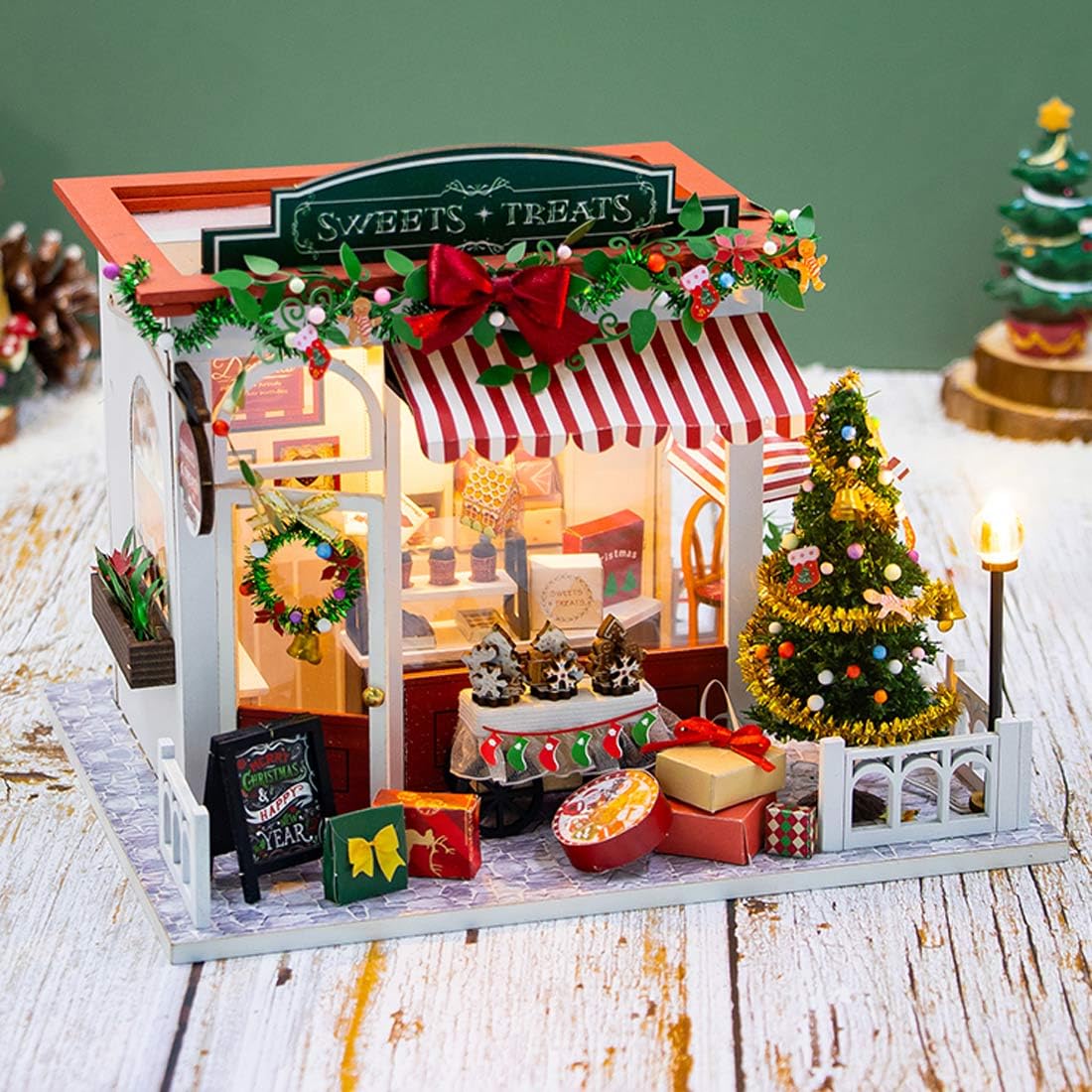 Miniature House Kit for Adult and Teens, Christmas Candy House Building Kit for Family and Friends, Mini Wooden Dollhouse Kit for Halloween Christmas