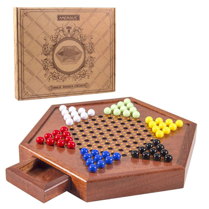 AMEROUS 12.5 inches Wooden Chinese Checkers Set with Storage Drawer - 60 Acrylic Marbles in 6 Colors - 12 Bonus Spare Marbles, Classic Strategy Family