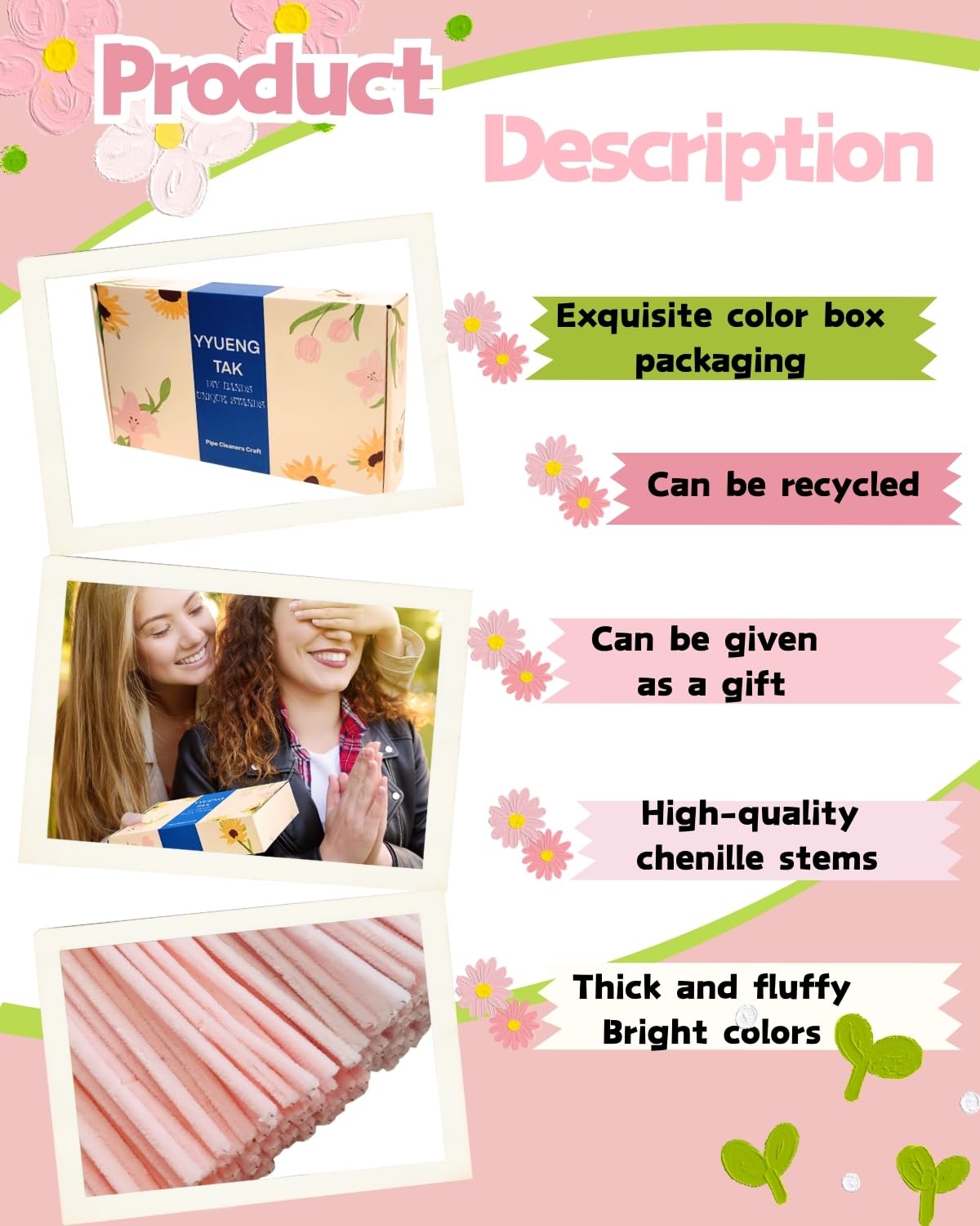 YYUENGTAK 350 Pcs Pink Pipe Cleaners Flower kit with tutoria,Fluffy Yarn,Green Floral Wires,Gardening Tape,Stamen(2 Colors)?Pipe Cleaners