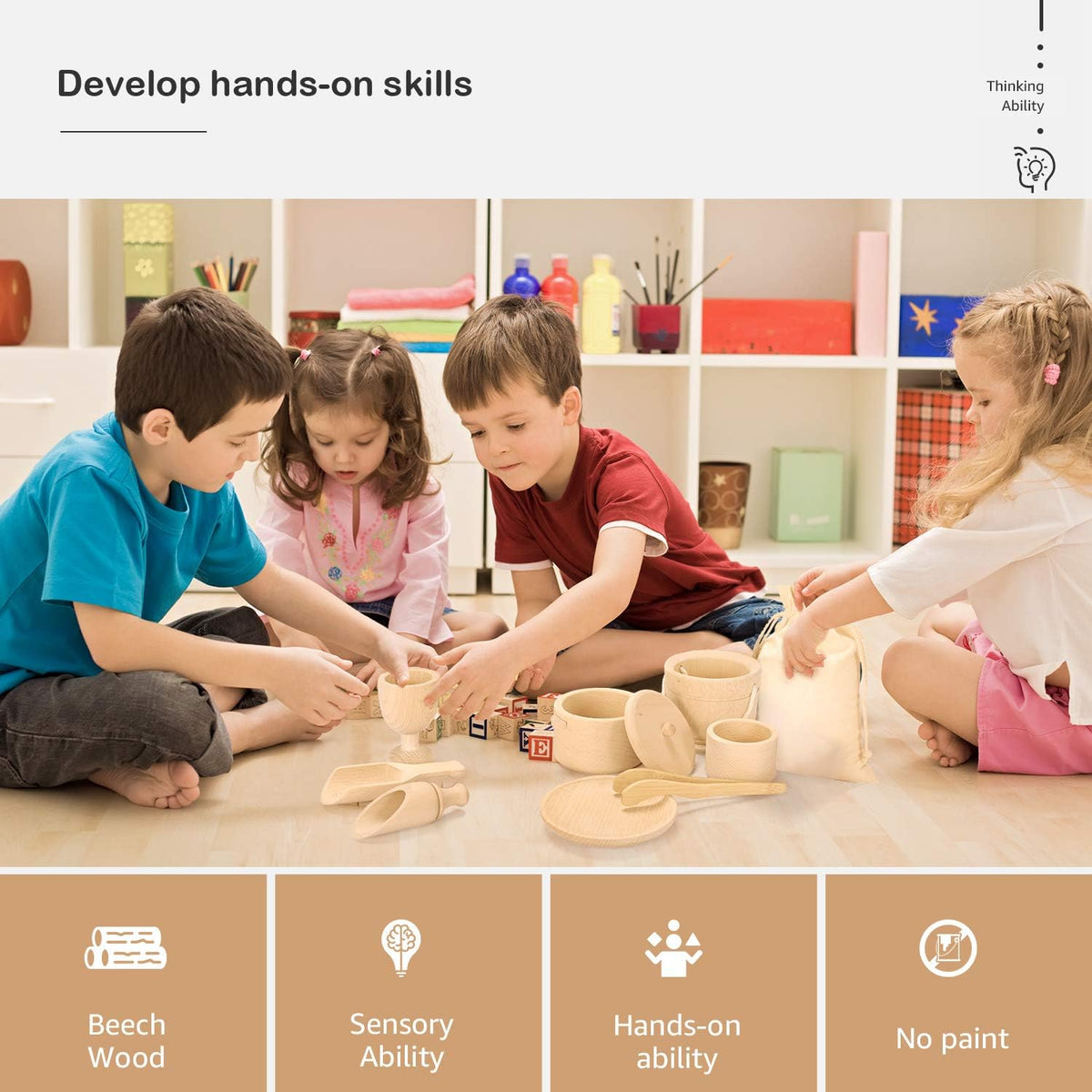 MONT PLEASANT Montessori Toys Sensory Bin Toys for Toddlers Set of 9 Wooden Waldorf Toys Wooden Scoops and Tongs for Transfer Work and Fine Motor