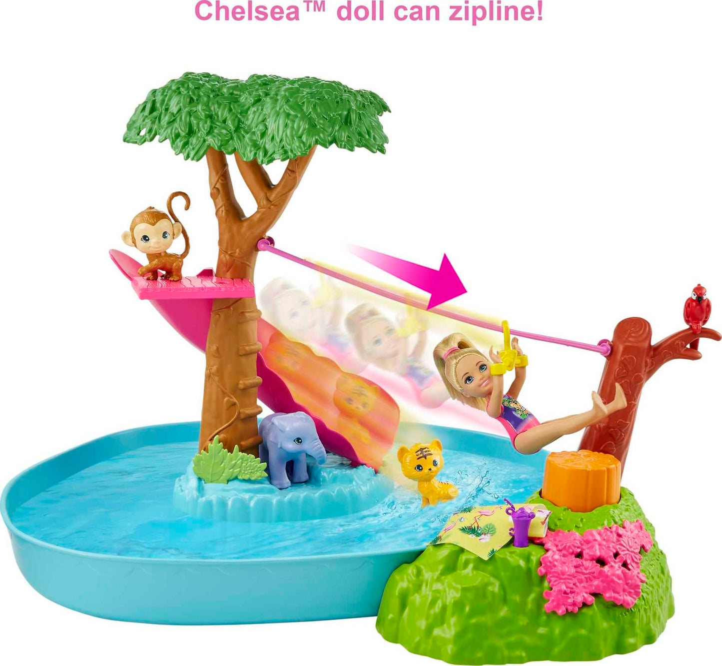 Barbie and Chelsea The Lost Birthday Splashtastic Pool Surprise Playset with Chelsea Doll (6-in), 3 Baby Animals, Slide, Zipline & Accessories, Gift