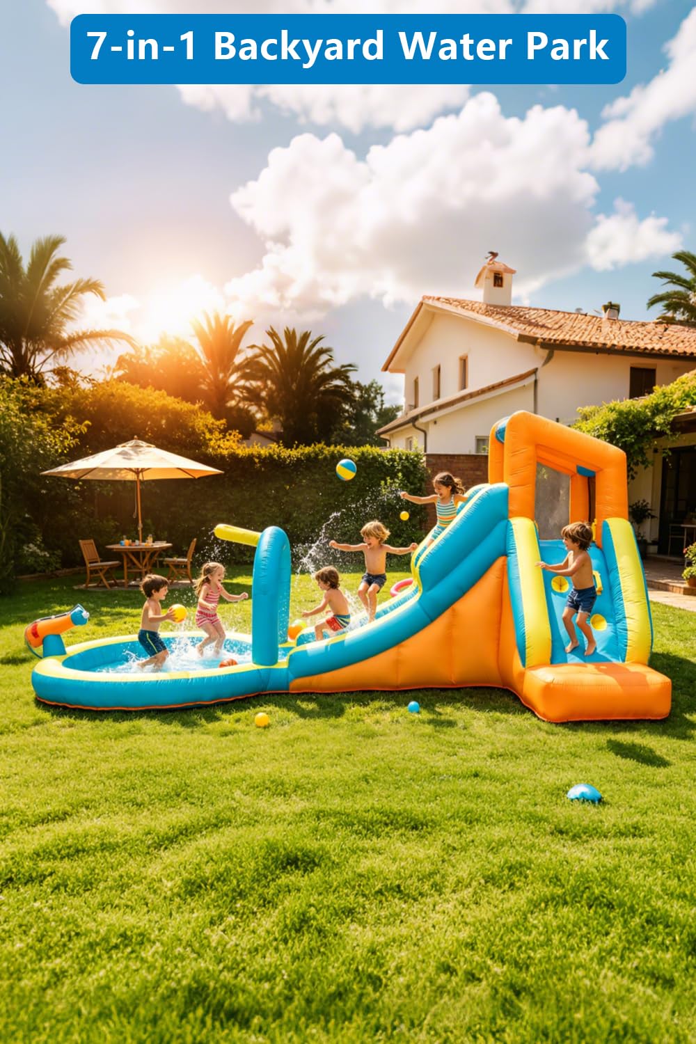 Easy Setup Bounce House with Water Slide, Large Inflatable Bounce House, Thick Durable Material,Perfect for Backyard Parties, Summer Water Play