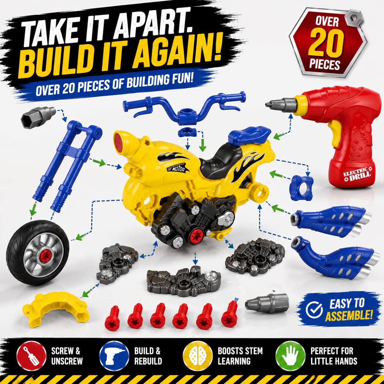 Take-Apart Motorcycle with Electric Drill, Lights, Sounds and 20+ Pieces