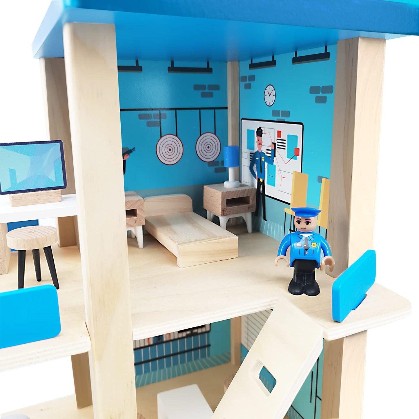 Wooden Police Station Playset Toy, Multicolor 3-Level Pretend Play Dollhouse Set with Figures, Car, Helicopter and Accessories, Preschool Learning