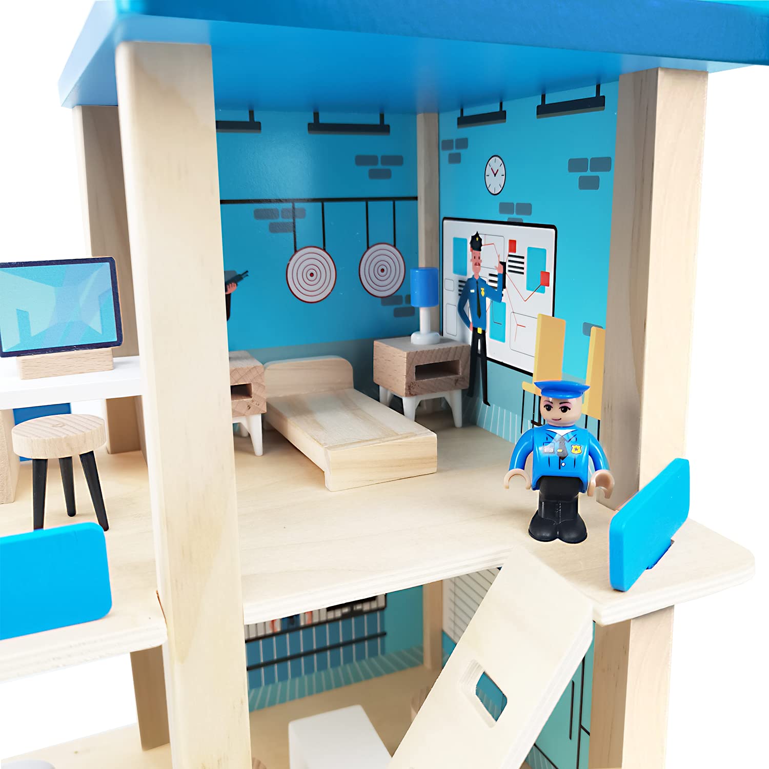 Wooden Police Station Playset Toy, Multicolor 3-Level Pretend Play Dollhouse Set with Figures, Car, Helicopter and Accessories, Preschool Learning