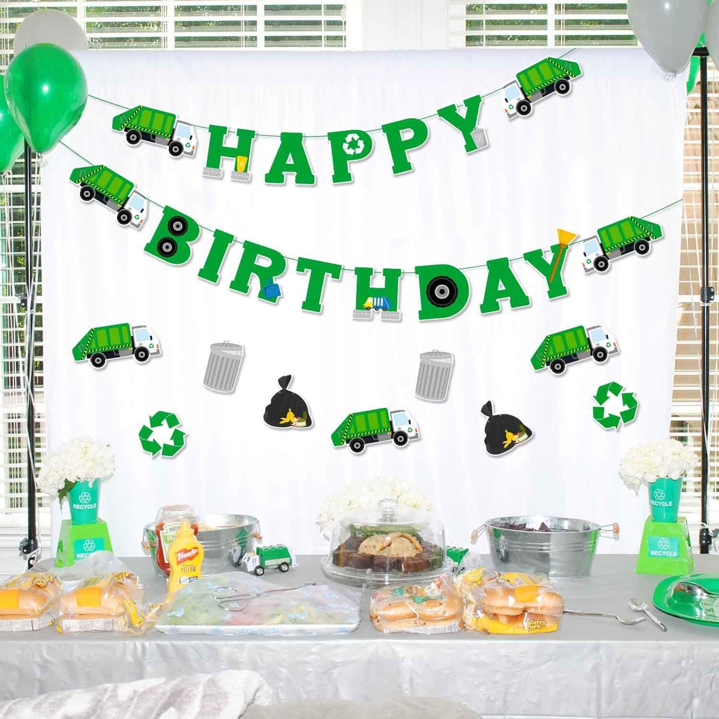 Bessmoso 3 Pcs Garbage Truck Birthday Decorations Trash Truck Birthday Banner Waste Management Recycling Rubbish Party Favors Parties Supplies