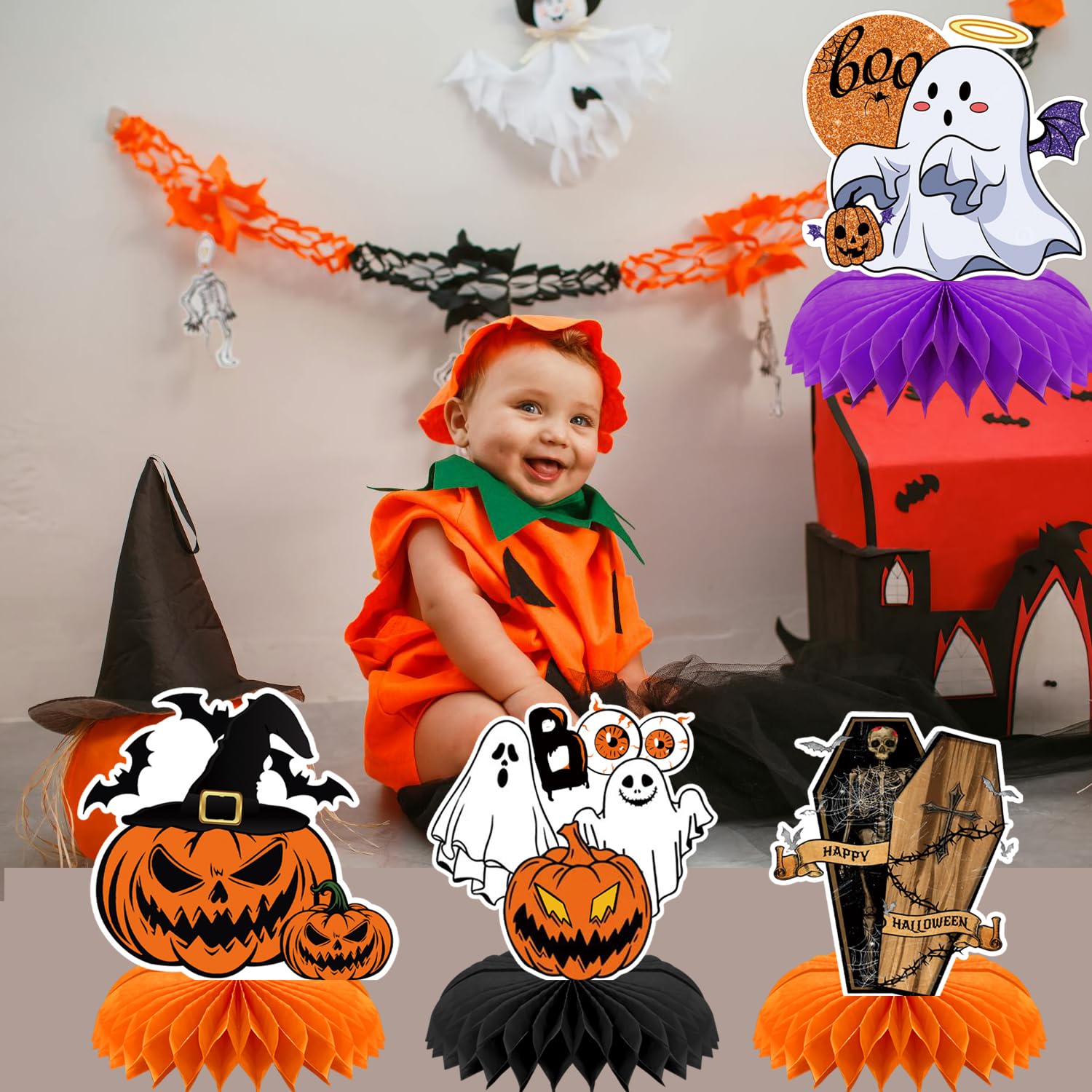 9pcs Halloween Decorations Honeycomb Centerpieces - Halloween Table Decorations for Halloween Parties, Spooky Theme Designs with Witches, Pumpkins