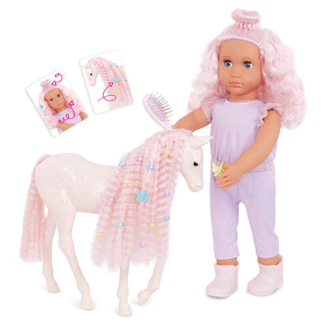 Our Generation - Elara and Lumina - 46 cm Doll & Horse Foal Set - Matching Pink Hair - Accessories for Grooming and Styling - Pretend Play - Toy