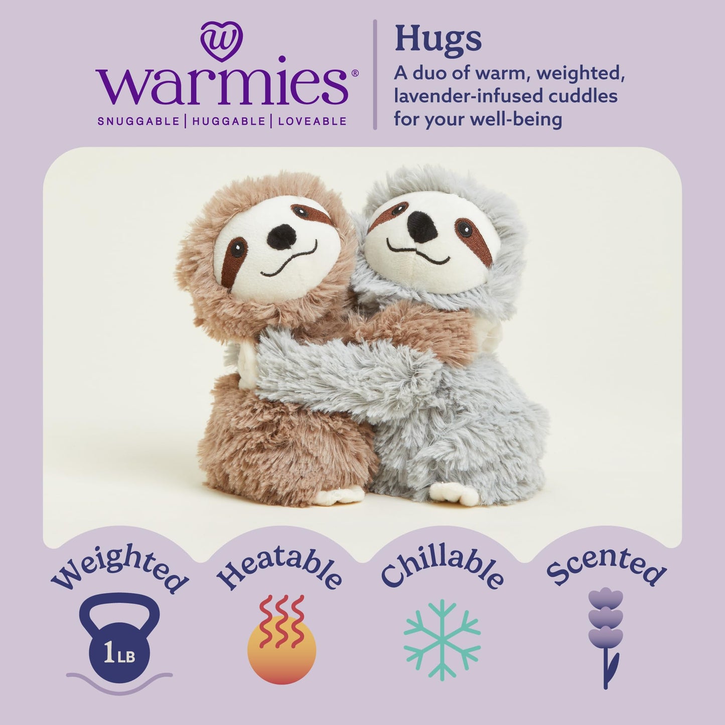 warmies Hugs Duo, Microwavable & Weighted Stuffed Animals, Sloth - Heated Stuffed Animal Plushie for Warmth & Comfort - Cute Soft Plush Toys