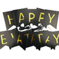 Fecedy Black Happy Birthday Bunting Banner with Shiny Gold Letters Pre-Strung No DIY for Birthday Party Decorations (Black)