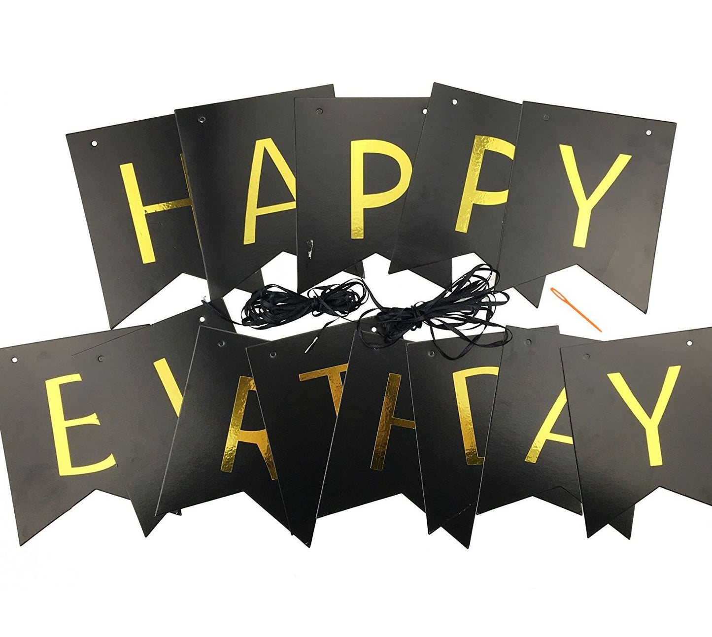 Fecedy Black Happy Birthday Bunting Banner with Shiny Gold Letters Pre-Strung No DIY for Birthday Party Decorations (Black)