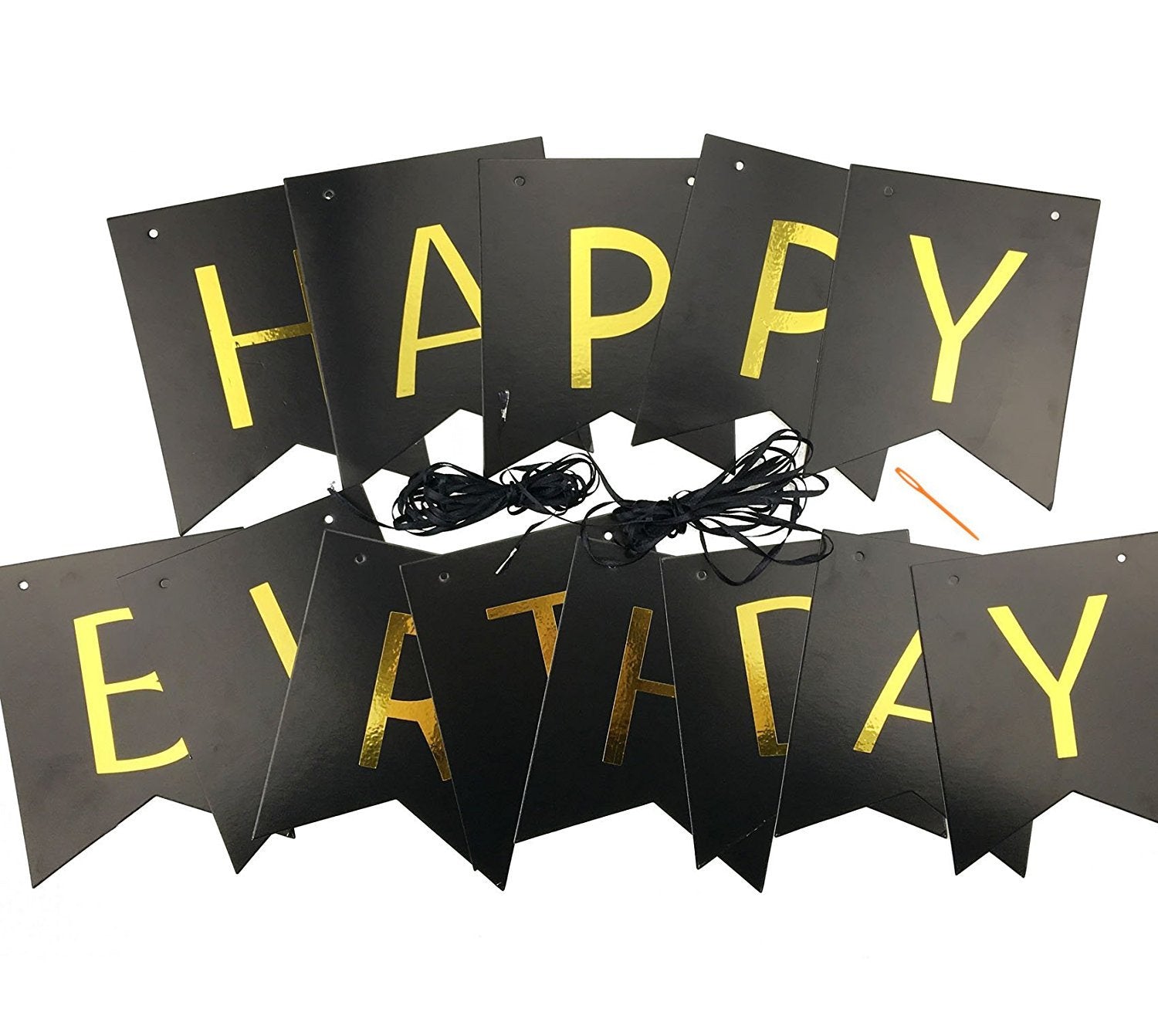 Fecedy Black Happy Birthday Bunting Banner with Shiny Gold Letters Pre-Strung No DIY for Birthday Party Decorations (Black)
