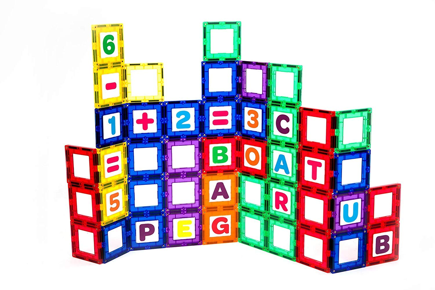 Playmags Magnetic Tile Building Set: Exclusive Educational Clickins - 80-Pc. Kit: 40 Super Strong Clear Color Magnet Tiles Windows & 40 Letters