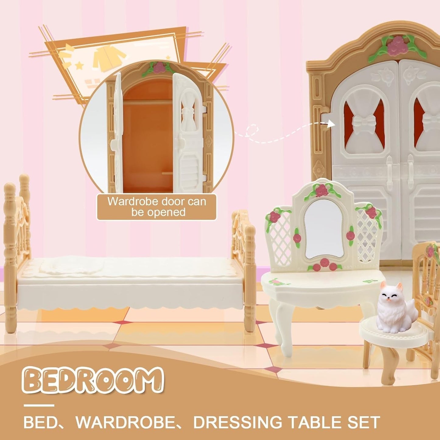 36Pcs Dollhouse Furniture Set,Miniature 1:12 Scale Dolls House Accessories with Cat,Dog,Kitchen, Dining Room, Living Room,Bedroom for Playhouse