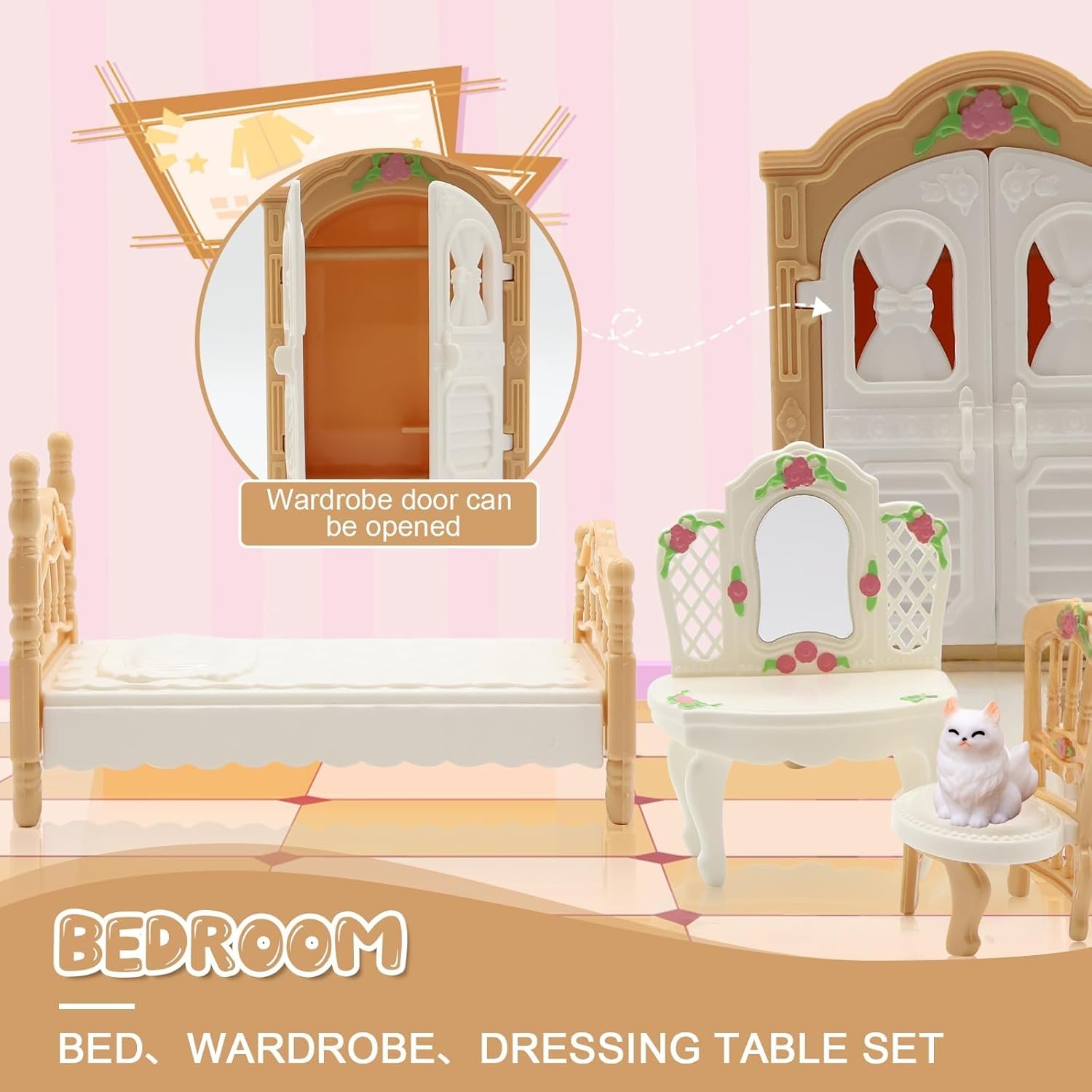 36Pcs Dollhouse Furniture Set,Miniature 1:12 Scale Dolls House Accessories with Cat,Dog,Kitchen, Dining Room, Living Room,Bedroom for Playhouse