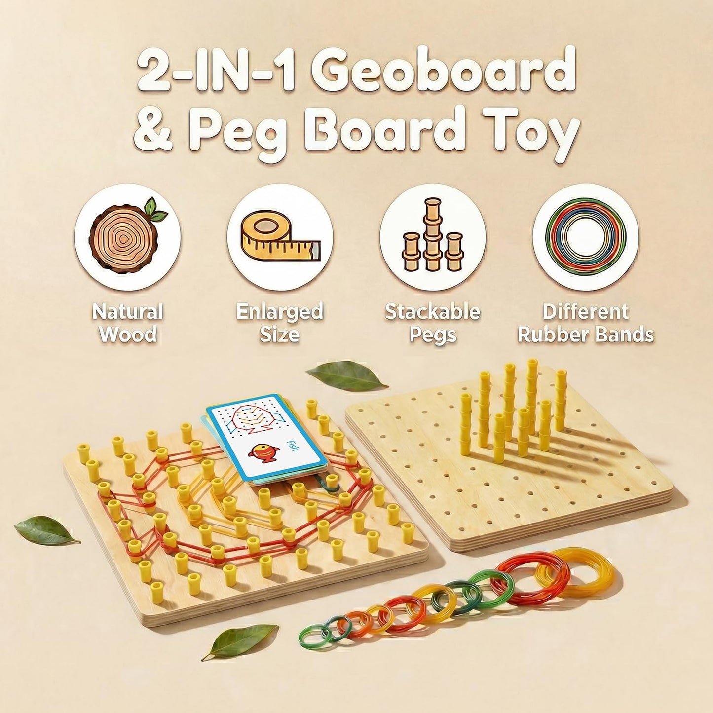 Wooden Geoboard with Stackable Pegs - 2 in 1 Montessori Peg Board Toy with 68Pcs Wood Pegs for 3 4 5 6 Year Old Kids - Fine Motor STEM Building Set
