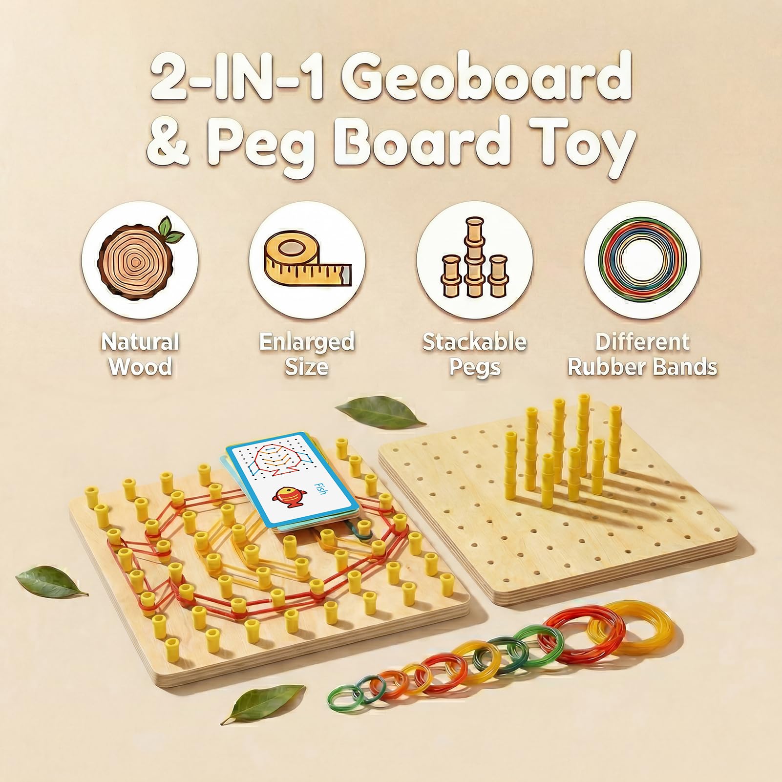 Wooden Geoboard with Stackable Pegs - 2 in 1 Montessori Peg Board Toy with 68Pcs Wood Pegs for 3 4 5 6 Year Old Kids - Fine Motor STEM Building Set