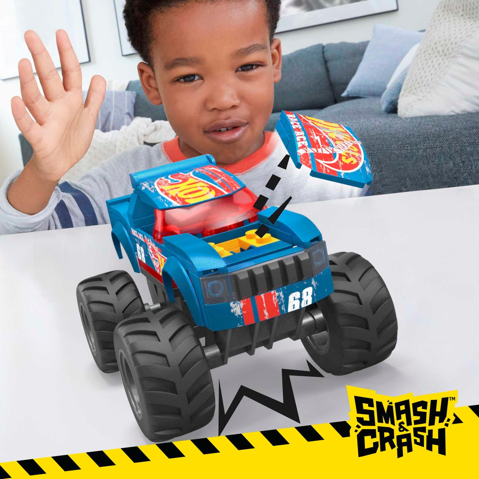 MEGA Hot Wheels Monster Trucks Toy Car Building Set, Smash & Crash Race Ace with 85 Pieces, 1 Micro Action Figure Driver, Blue, Kids Age 5+ Years
