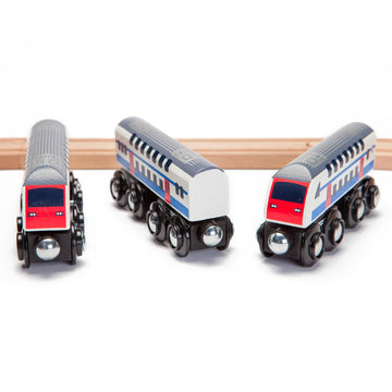 Maxim Enterprise, inc. Double Decker Wooden Train Set of 2 Engines & 1 Passenger Car, Multi-Level Commuter Transit Toy, Compatible with Thomas