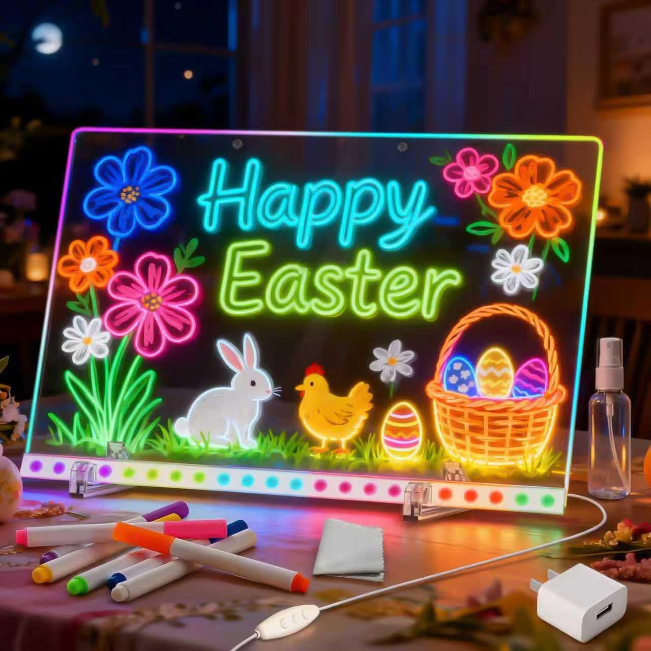 LED Drawing Board with Colors, 14x10'' 3 Modes & 7 Color-Lighting Acrylic Dry Erase Board Glow, Light Up Led Note Board with Stand and 7 Markers, Led