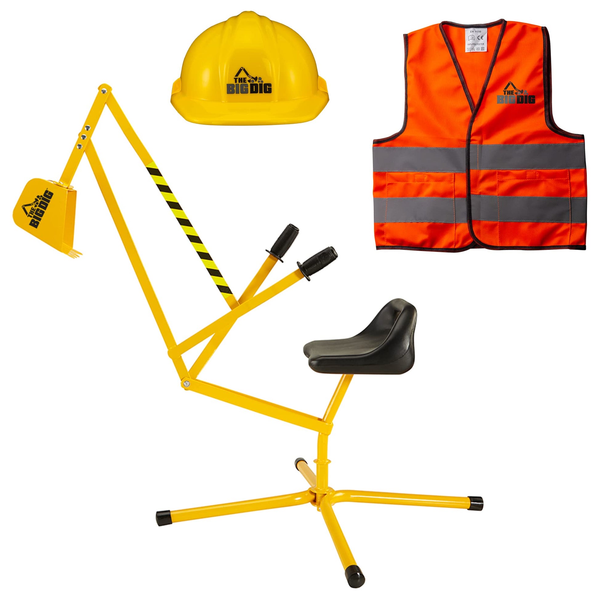 The Big Dig Sandbox Digger Excavator Ride On Crane, Safety Vest & Helmet Bundle Outdoor Pretend Play Construction Toy with 360 Degree Rotating Boom