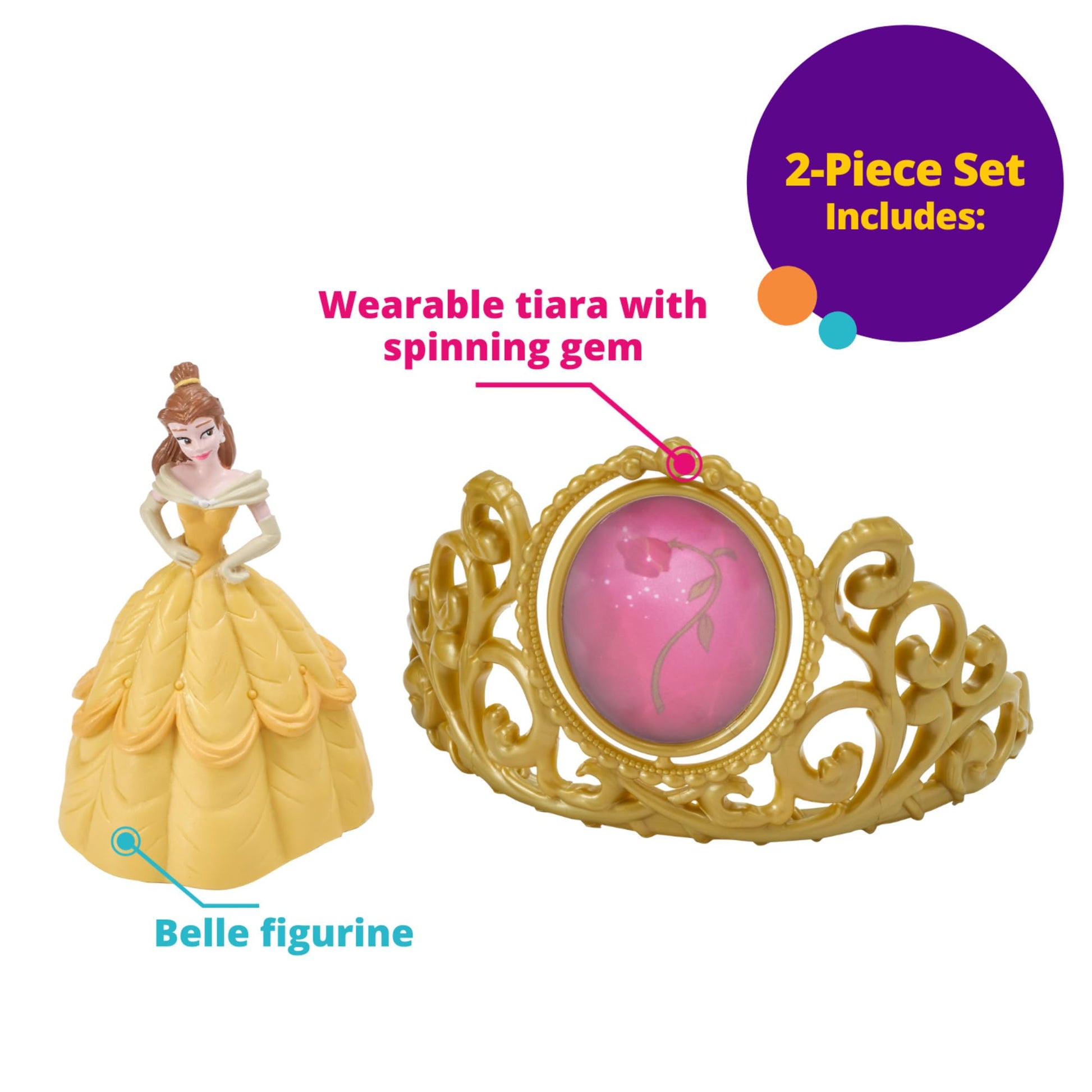 DecoSet® Disney Princess Belle Beautiful As A Rose Cake Topper, 2-Piece Decorations Set with Belle Figurine and Golden Tiara with Spinning Jewel