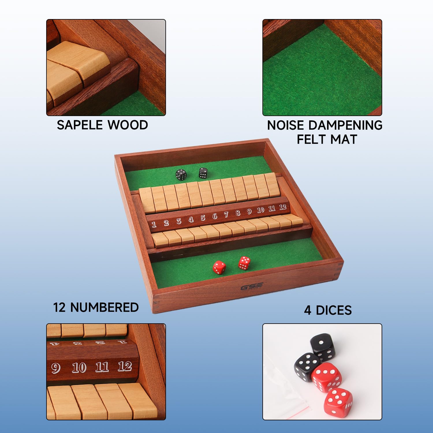 GSE Games & Sports Expert 2-Player Wooden Shut The Box 12 Numbers Dice Game Board with Red/Black Dice. Classic Tabletop Version of The Popular English