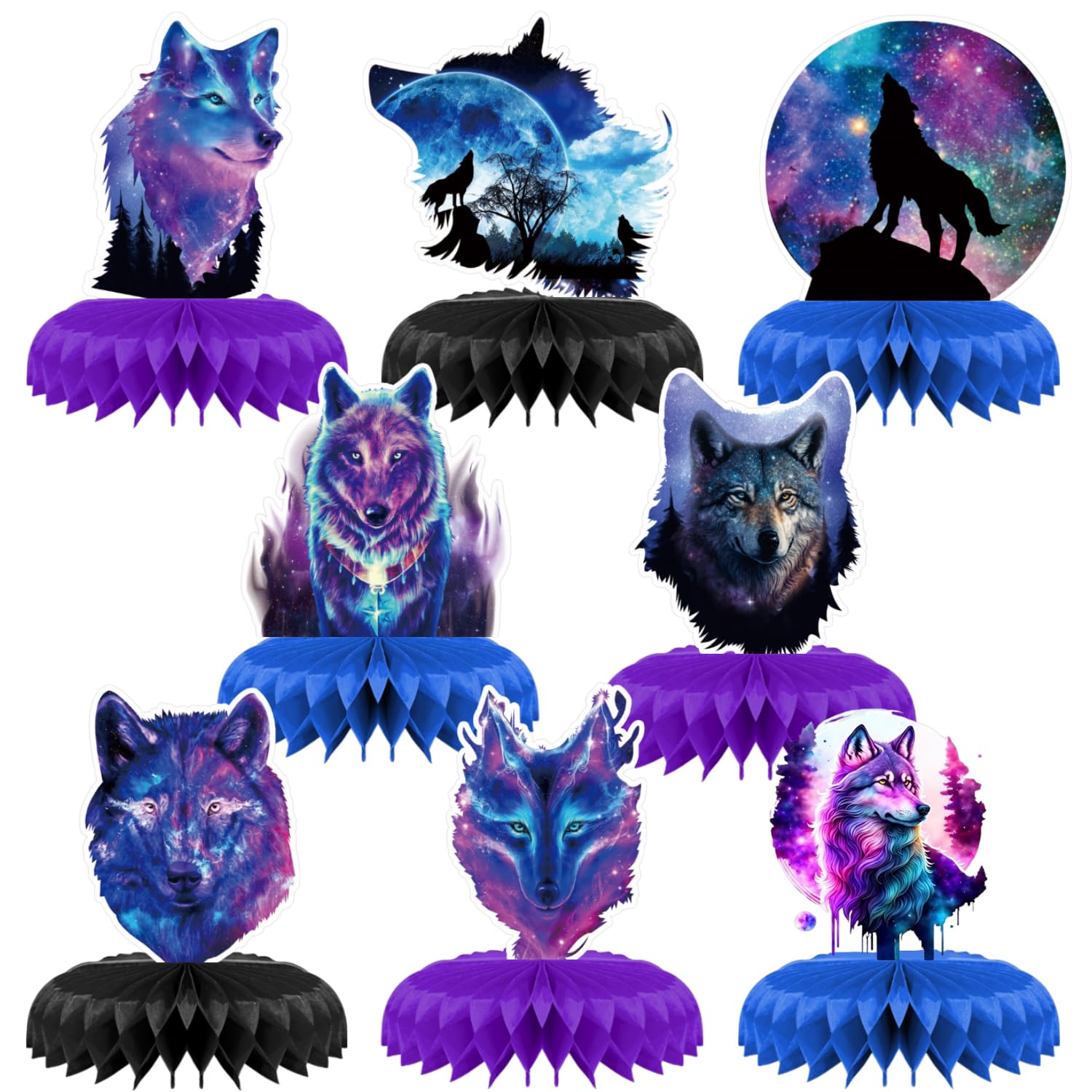 8 Pcs Galaxy Wolf Birthday Party Decoration, Starry Sky Wolf Theme Honeycomb Centerpieces 3D Double Sided Table Decorations, Animal Wolf Photo Booth