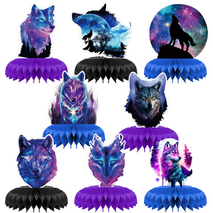 8 Pcs Galaxy Wolf Birthday Party Decoration, Starry Sky Wolf Theme Honeycomb Centerpieces 3D Double Sided Table Decorations, Animal Wolf Photo Booth