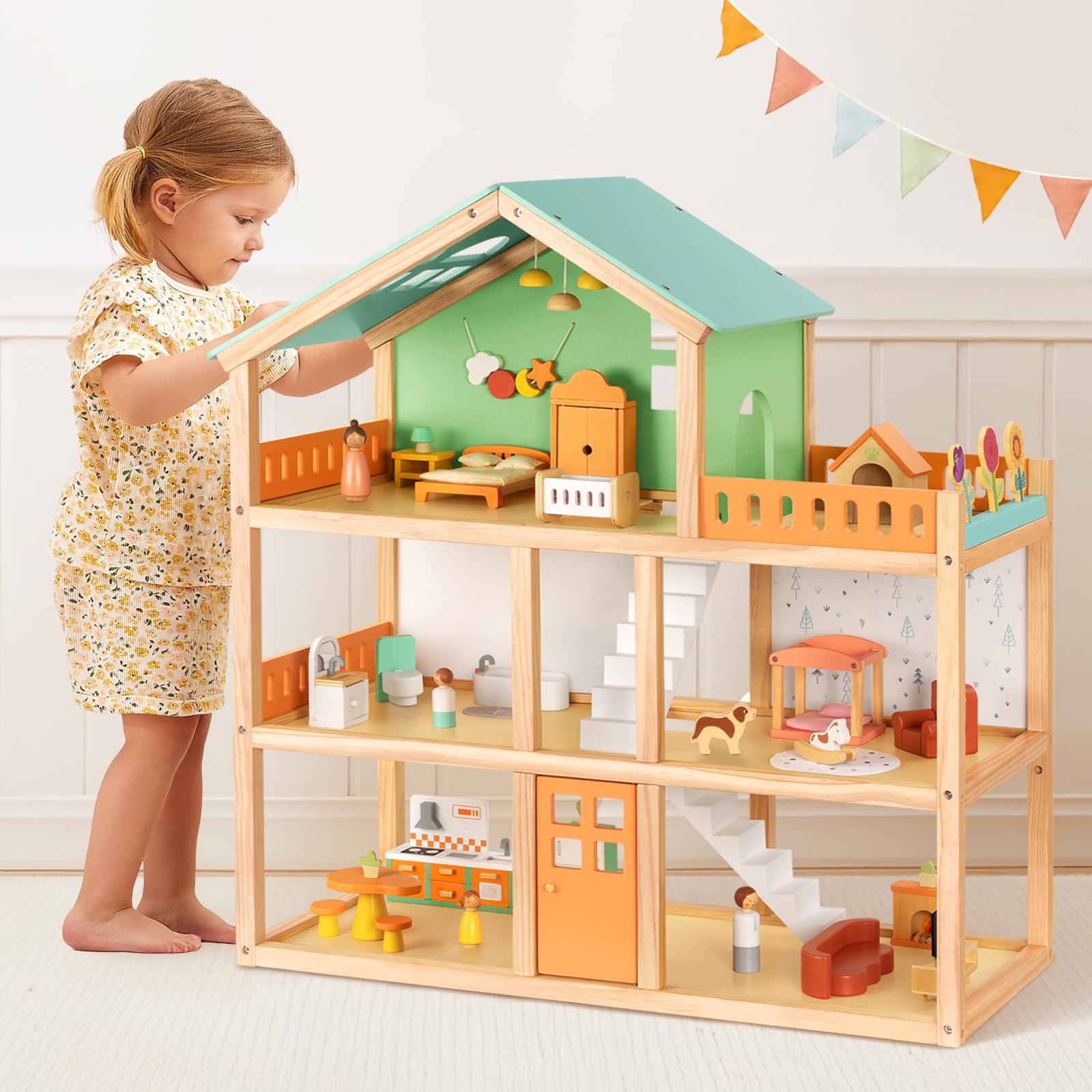 OOOK Large Wooden Dollhouse with 42 Pcs Luxurious Furniture Accessories, 3-Story Doll House 6 Rooms Balcony Wooden Stairs, Ideal Modern Doll House