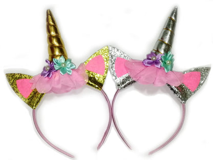 Risshine 2Pcs Unicorn Horn Headbands Flowers Cat Ear HeadBands for Birthday Party, Christmas,Halloween,Photo Props, Unicorn Themed Party Decoration