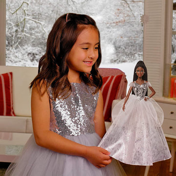 Barbie Signature 2021 Holiday Doll (12-inch, Brunette Braided Hair) in Silver Gown, with Doll Stand and Certificate of Authenticity, Gift for 6 Year