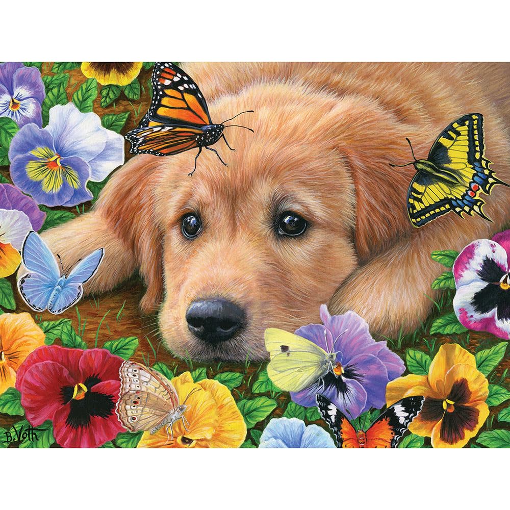 Bits and Pieces - Large 300 Piece Jigsaw Puzzle for Adults - Butterflies, Baby! - Golden Retriever Jigsaw Puzzle by Bridget Voth, Completed Puzzle