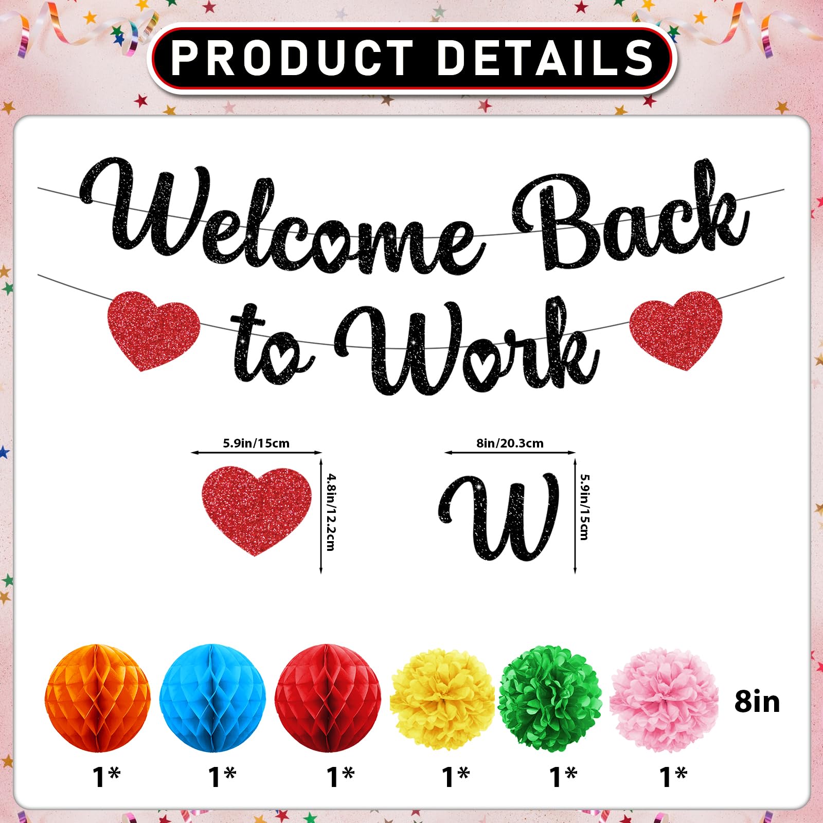 Welcome Back Decorations for Office Welcome Back to Work Decorations with Black Glitter Banner Circle Dots Garland Hanging Swirls Pom Poms Welcome