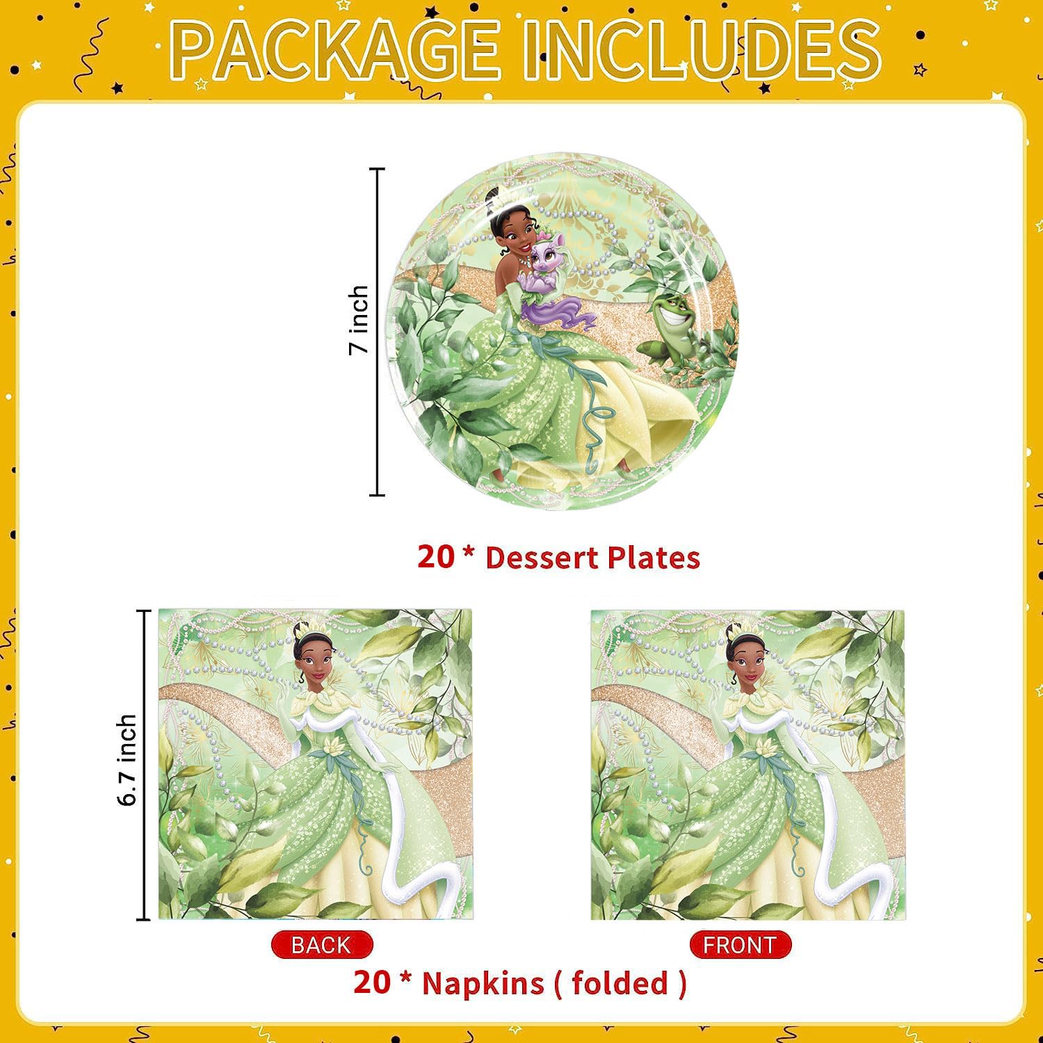 WETIM 40pck Princess Tiana Party Supplies include 20 plates, 20 napkins for the Princess Tiana birthday party decorations