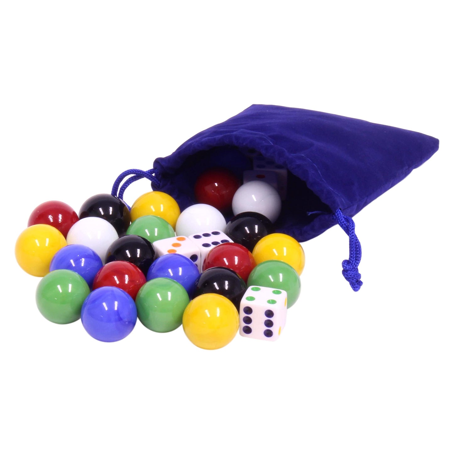 AmishToyBox.com 24 X-Large Glass Marbles (22mm Diameter) and 6 Dice in Cloth Drawstring Pouch