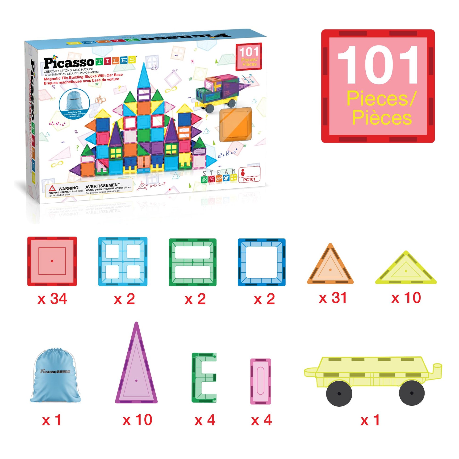 PicassoTiles 101 PCs Magnetic Tiles Building Blocks with Car & Drawstring Carry Bag Toy Storage Magnet Block for Toddlers Kids STEM Toy Set