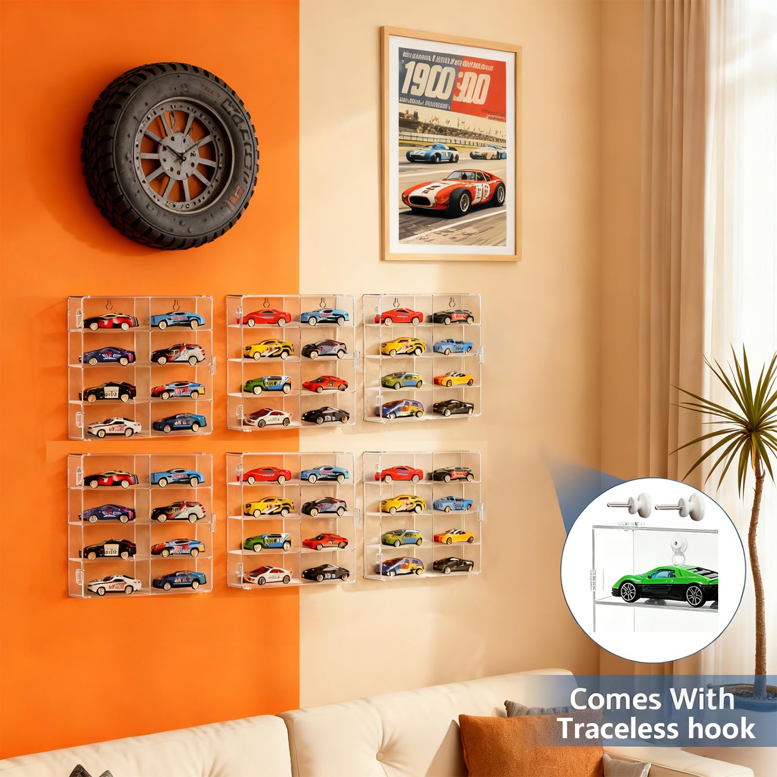4-Pack Clear Display Case for 1/64 Scale Die-Cast Cars, Compatible with Hot Wheels & Matchbox, Wall-Mountable & Stackable Toy Car Storage Boxes, Holds