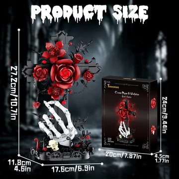 Tenhorses Gothic Rose Cross Building Set for Adults, Skull Hand Flower Crucifix Model Toys, Skeleton Horror Home Decor, Ideal Halloween Christmas