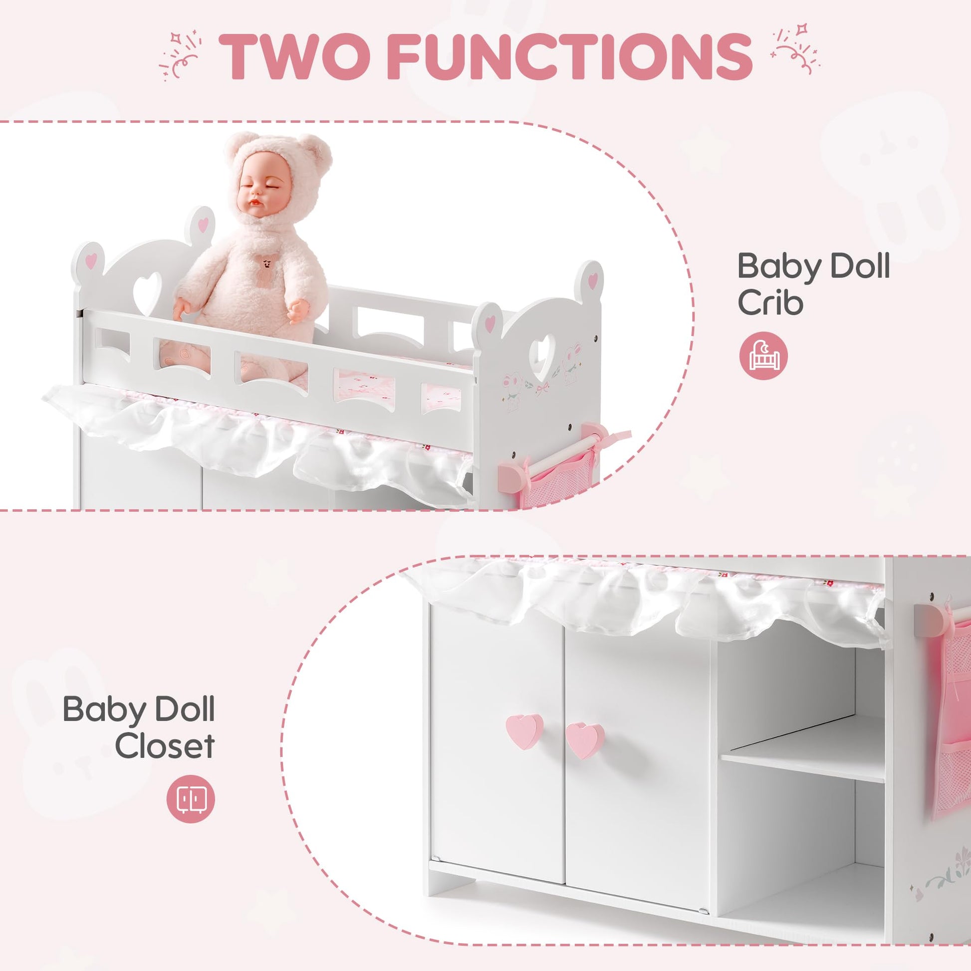 ROBOTIME Baby Doll Crib - Wooden Baby Doll Changing Table with Storage - Bedding & Hooks, Fits 18-21" Dolls, Doll Bed Playset for Girls Ages 3+